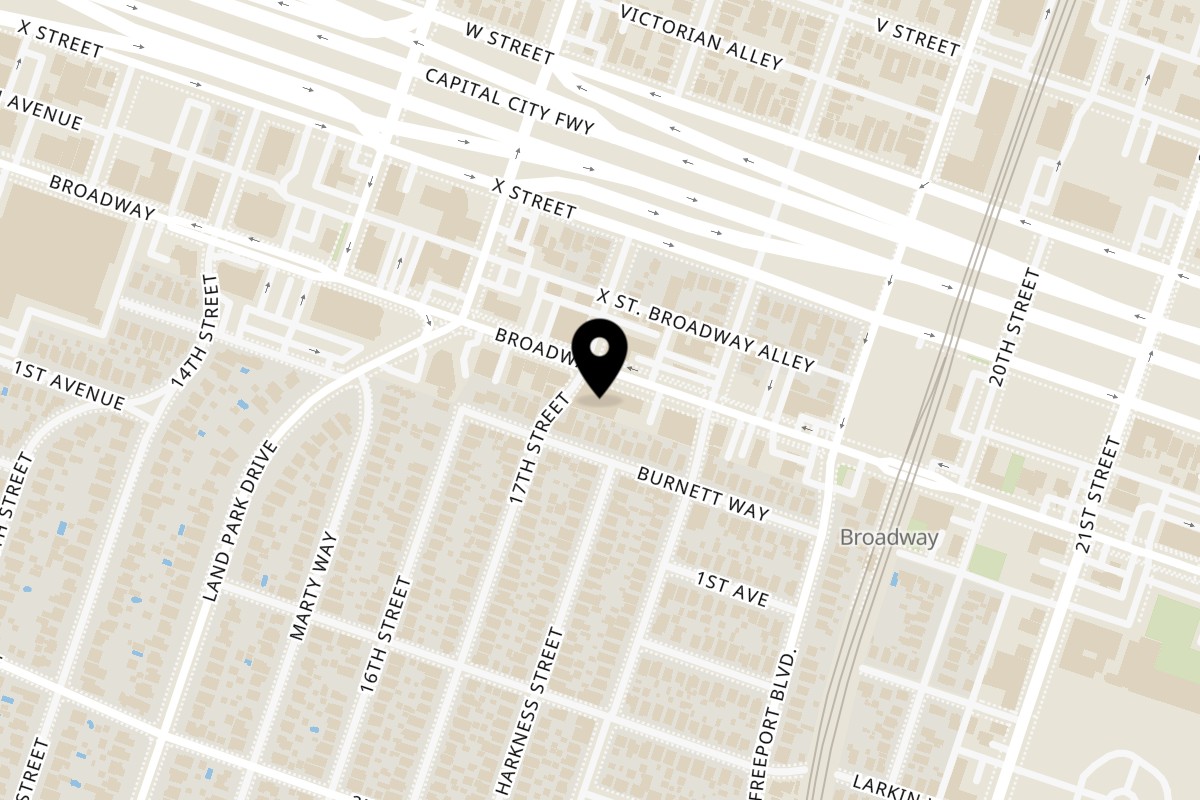 Map showing the location of Queen Sheba Ethiopian Cuisine on 1704 Broadway in Sacramento